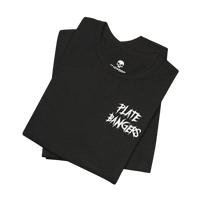 DailyThreadCo. black cotton gym t-shirt featuring a white distressed Plate Bangers graphic on the chest.