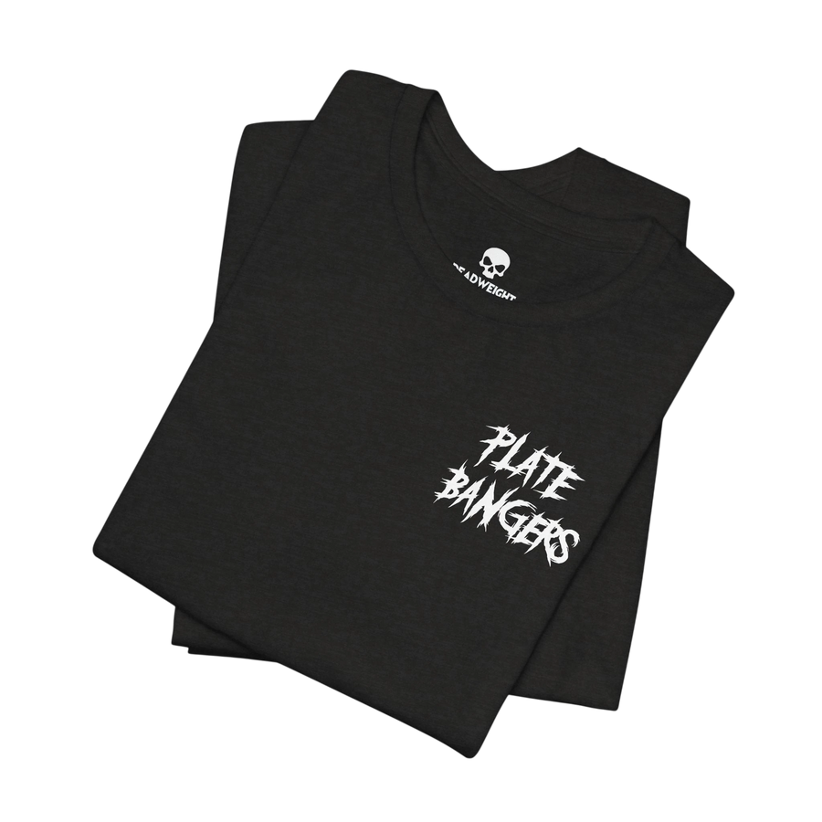 DailyThreadCo. black cotton gym t-shirt featuring a white distressed Plate Bangers graphic on the chest.