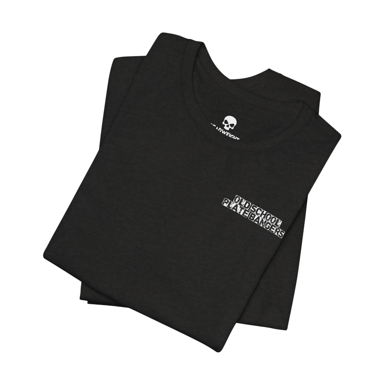 DailyThreadCo. black cotton crew-neck t-shirt with white Old School Plate Bangers chest graphic on a black background
