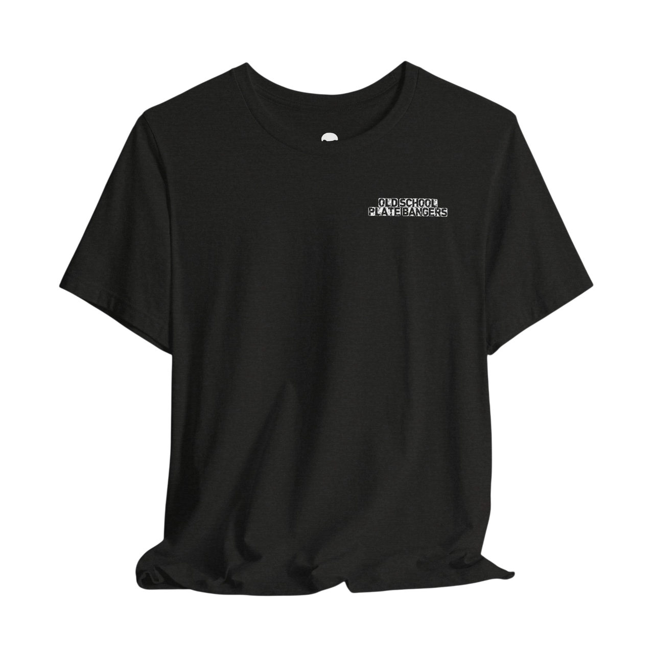 DailyThreadCo. black crew-neck cotton t-shirt with small white Old School Plate Bangers chest logo