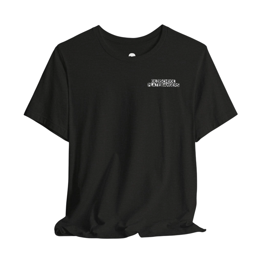 DailyThreadCo. black crew-neck cotton t-shirt with small white Old School Plate Bangers chest logo