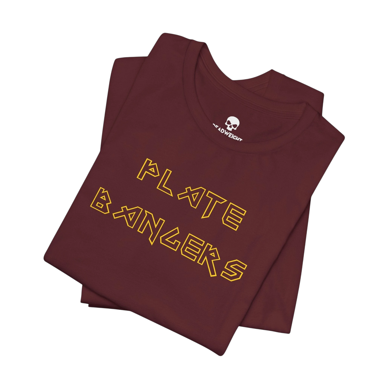 DailyThreadCo. black cotton gym t-shirt with gold geometric Plate Bangers text, folded flat.
