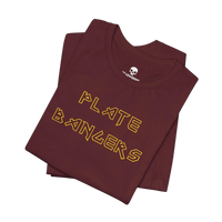 DailyThreadCo. black cotton gym t-shirt with gold geometric Plate Bangers text, folded flat.