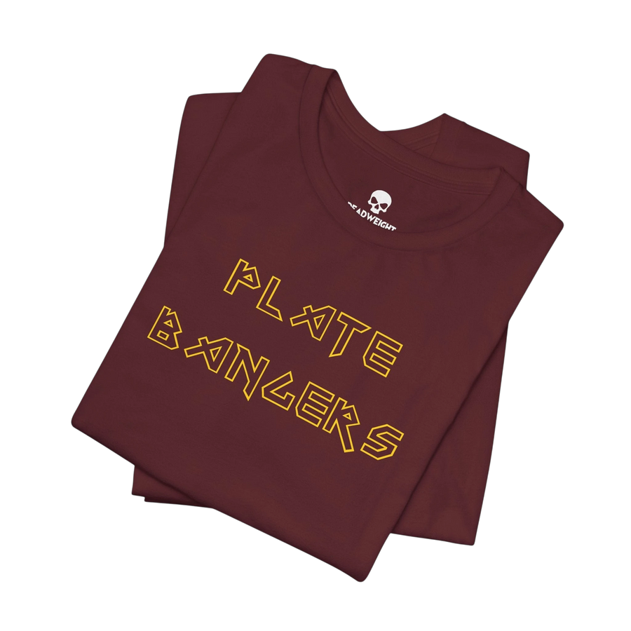 DailyThreadCo. black cotton gym t-shirt with gold geometric Plate Bangers text, folded flat.