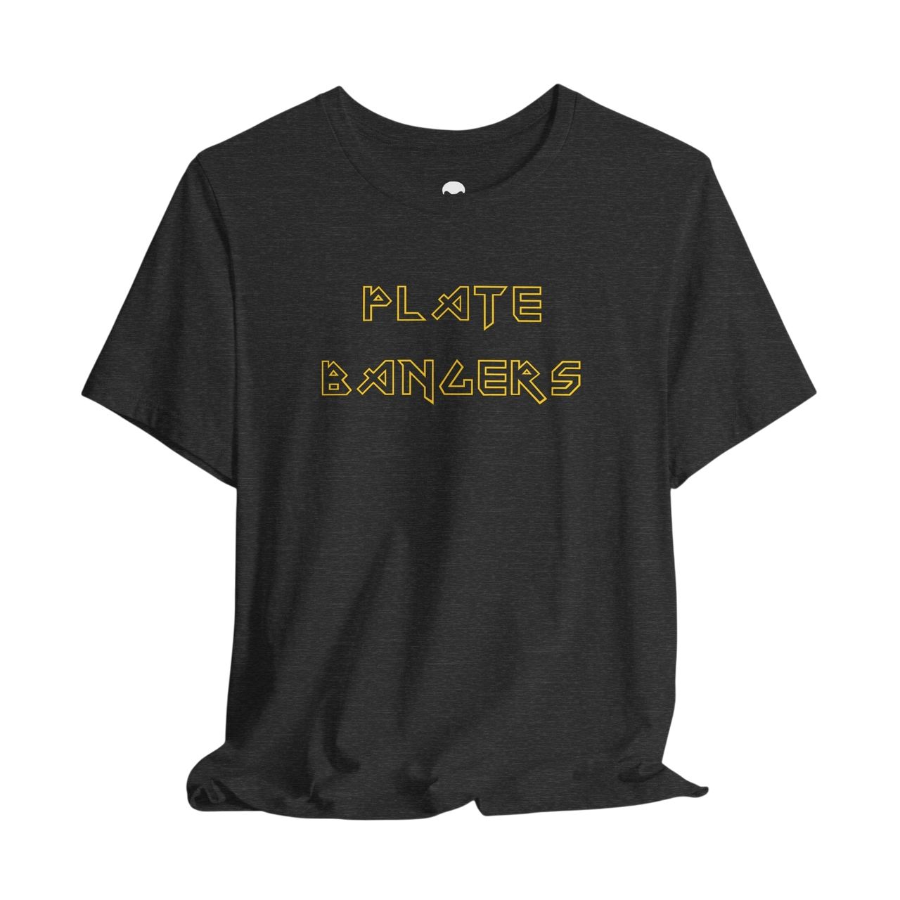 DailyThreadCo. black cotton gym t-shirt featuring gold geometric Plate Bangers text on the front.