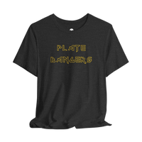 DailyThreadCo. black cotton gym t-shirt featuring gold geometric Plate Bangers text on the front.