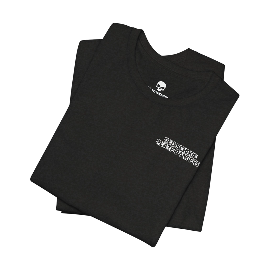 DailyThreadCo. black cotton crew-neck t-shirt with white Old School Plate Bangers chest graphic on a black background