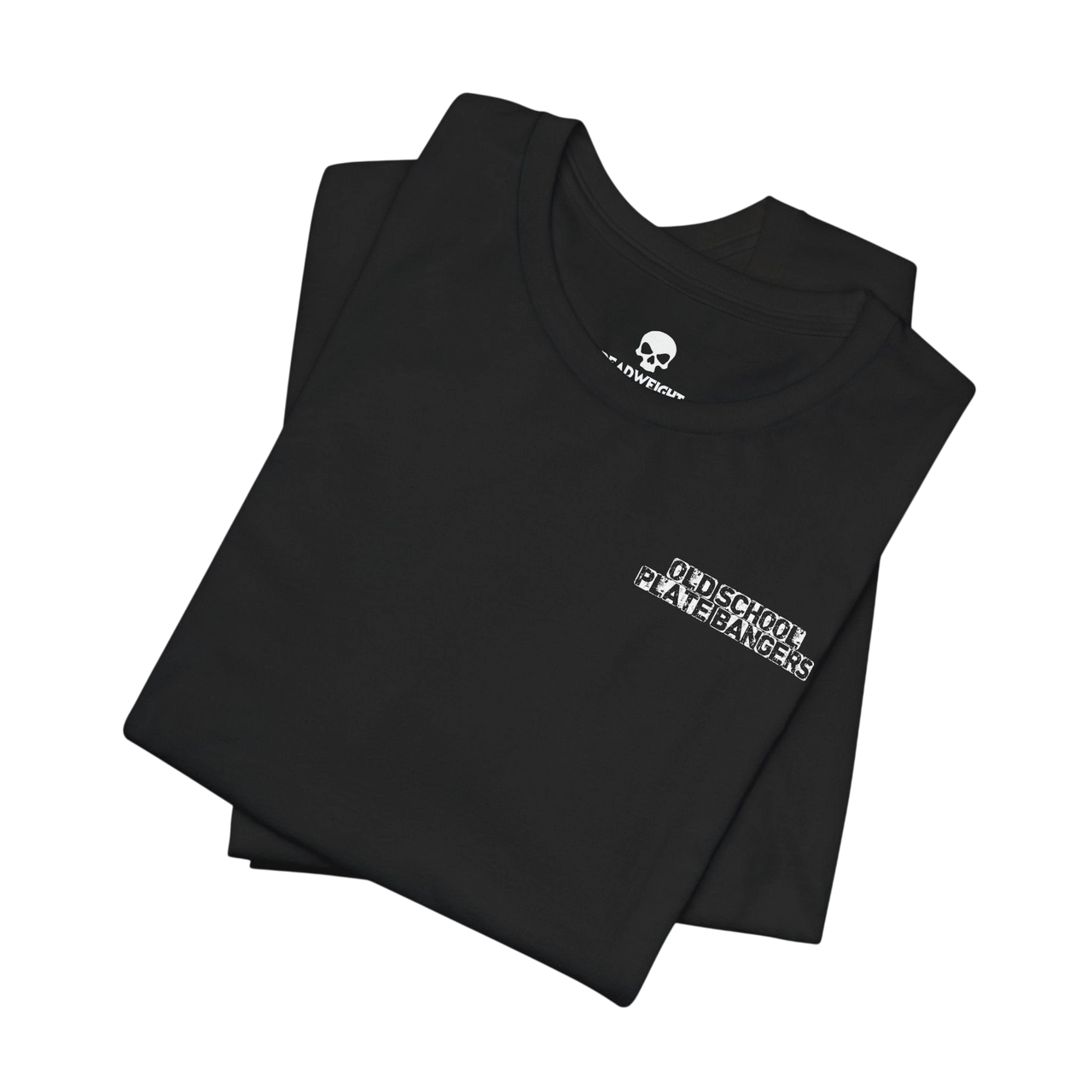 DailyThreadCo. black crew-neck cotton t-shirt with white Old School Plate Bangers chest graphic