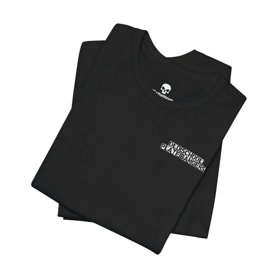 DailyThreadCo. black crew-neck cotton t-shirt with white Old School Plate Bangers chest graphic