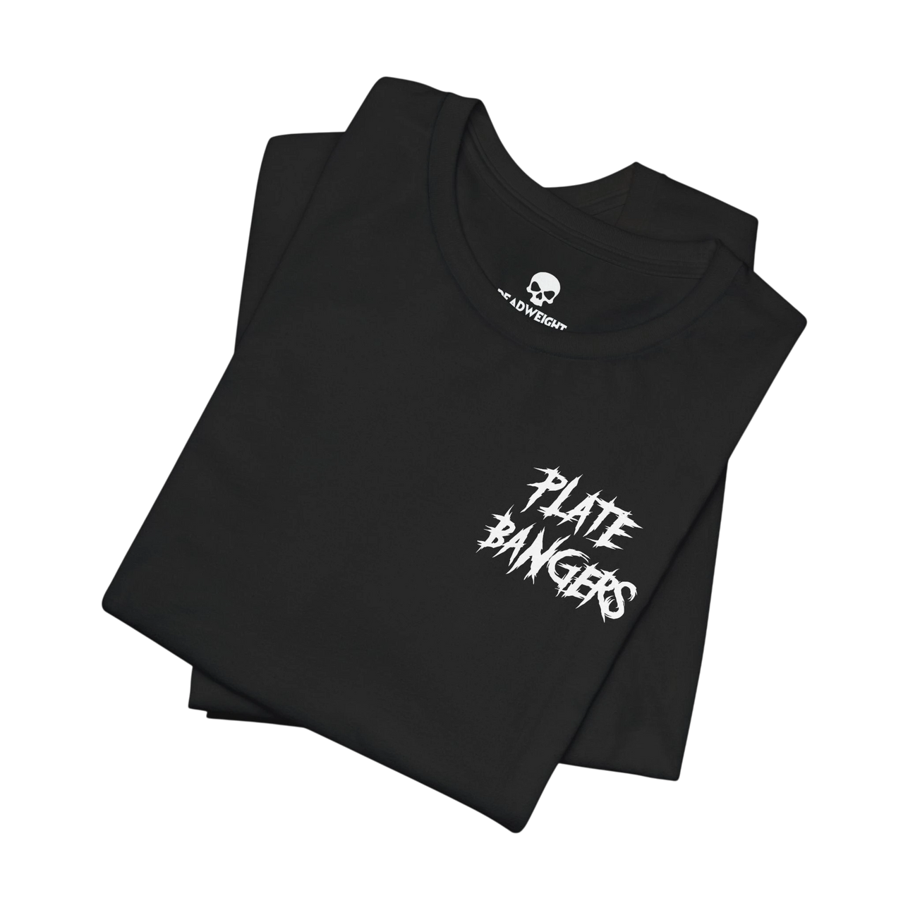 DailyThreadCo. black cotton gym t-shirt featuring a white distressed Plate Bangers graphic on the chest.