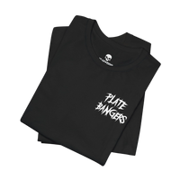 DailyThreadCo. black cotton gym t-shirt featuring a white distressed Plate Bangers graphic on the chest.