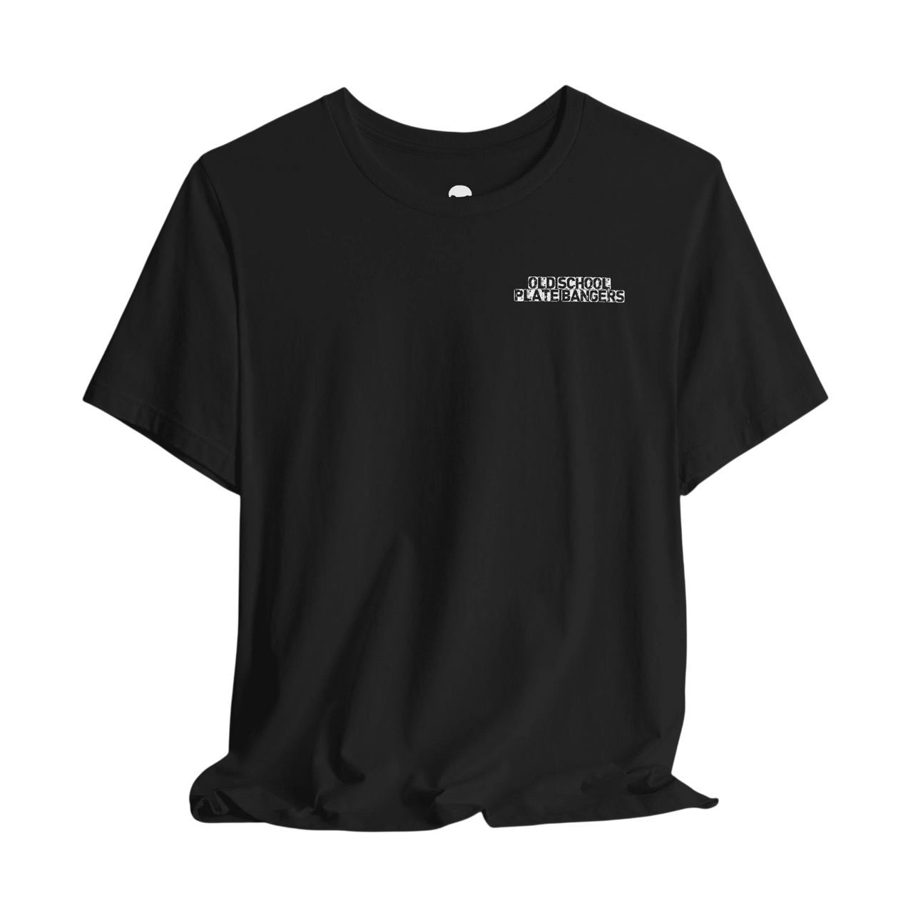 DailyThreadCo. black crew-neck cotton gym t-shirt featuring a small white Old School Plate Bangers chest logo.