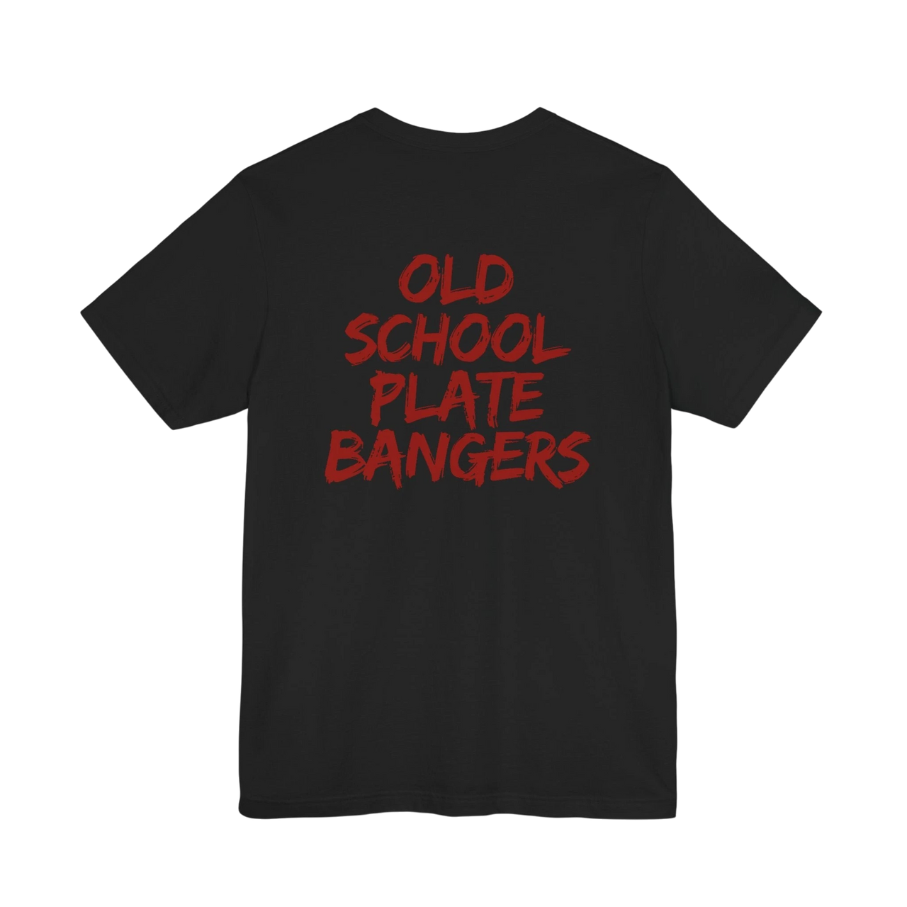 DailyThreadCo. black cotton t-shirt featuring red marker-style Old School Plate Bangers graphic on the back