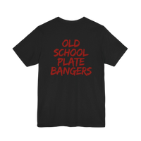DailyThreadCo. black cotton t-shirt featuring red marker-style Old School Plate Bangers graphic on the back