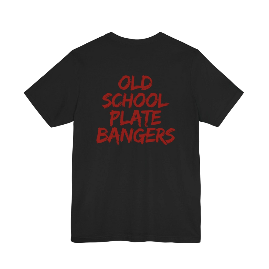 DailyThreadCo. black cotton t-shirt featuring red marker-style Old School Plate Bangers graphic on the back