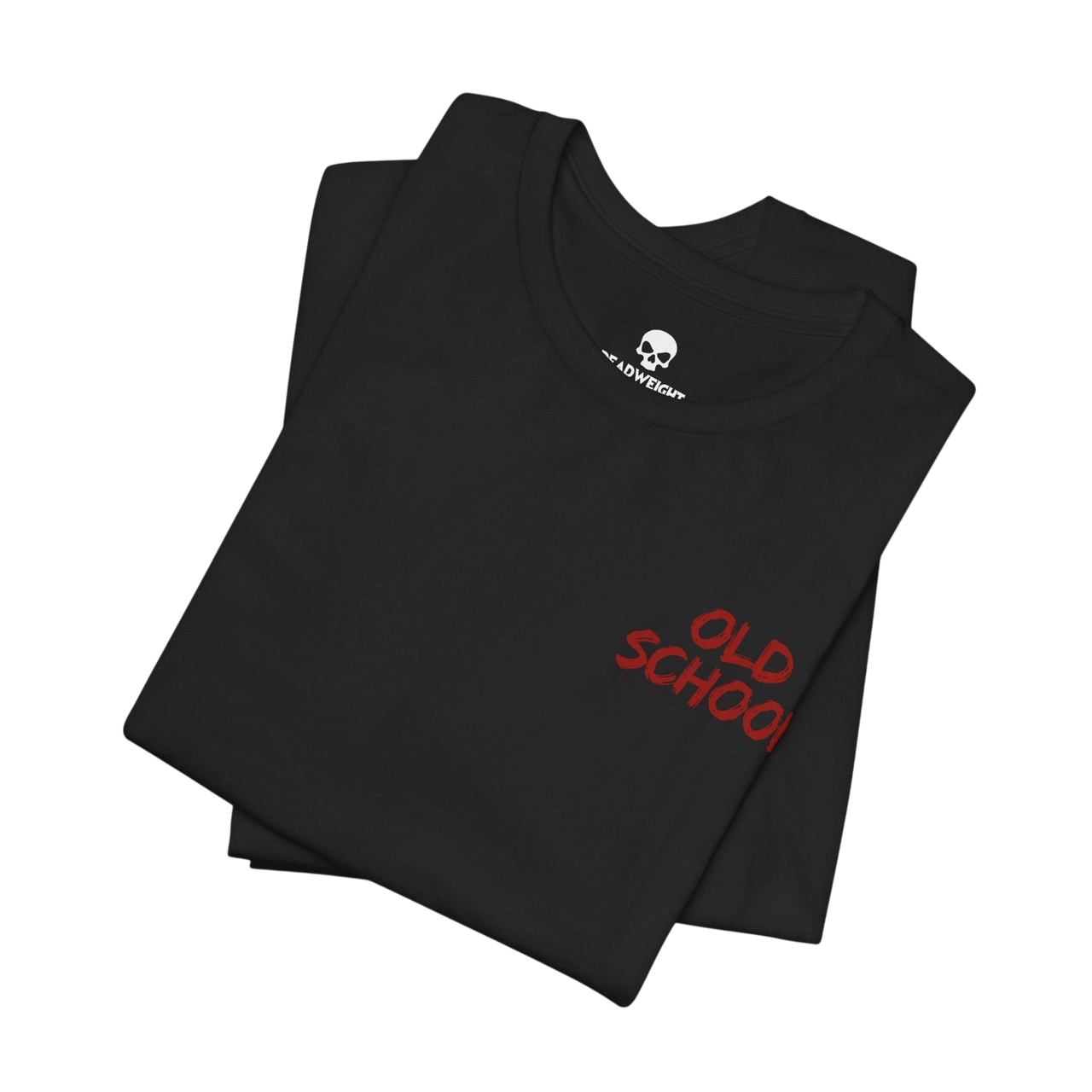 DailyThreadCo. black lightweight cotton t-shirt with red handwritten OLD SCHOOL text on the chest, folded view.