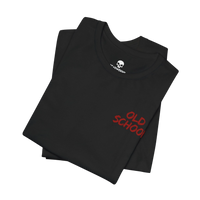 DailyThreadCo. black lightweight cotton t-shirt with red handwritten OLD SCHOOL text on the chest, folded view.