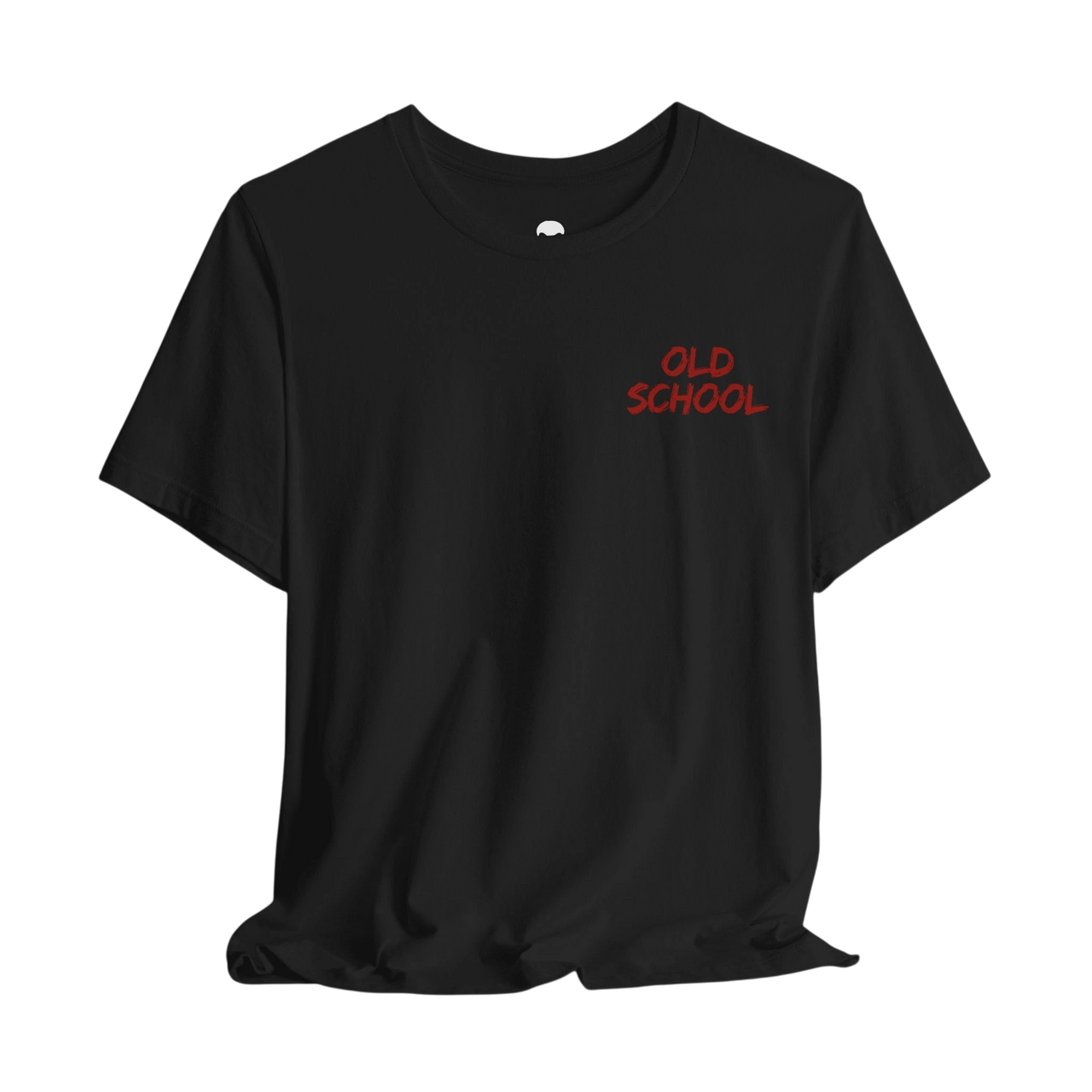 DailyThreadCo. black cotton crew neck t-shirt featuring a small red handwritten OLD SCHOOL graphic on the chest.