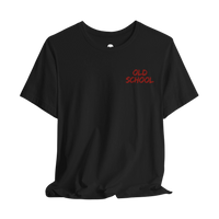 DailyThreadCo. black cotton crew neck t-shirt featuring a small red handwritten OLD SCHOOL graphic on the chest.