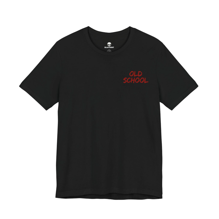 DailyThreadCo. black lightweight cotton t-shirt with red handwritten OLD SCHOOL text on the chest.