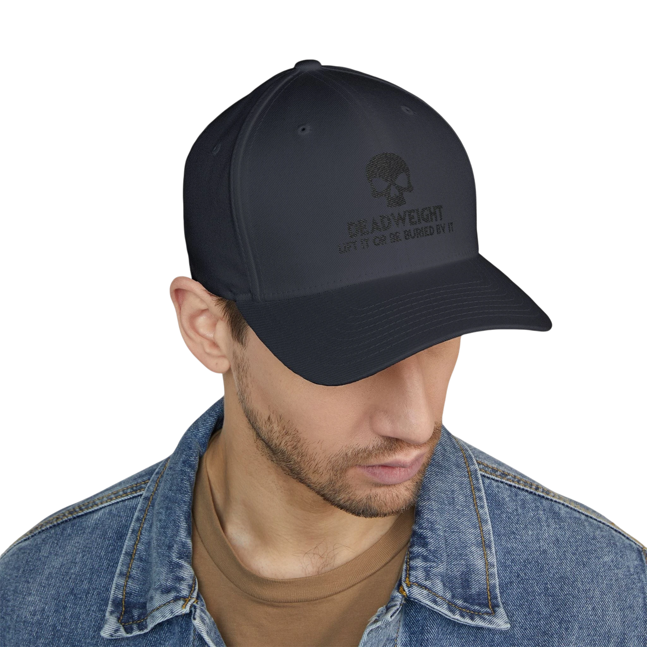 DailyThreadCo. black structured six-panel cap with Deadweight skull embroidery worn by a man in a denim jacket.