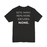 DailyThreadCo. black cotton fitness t-shirt featuring the motivational mantra Sets: Many. Reps: More. Excuses: None.