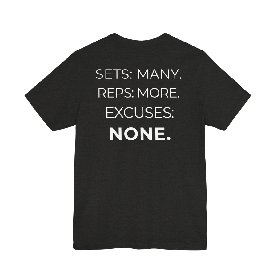DailyThreadCo. black cotton fitness t-shirt featuring the motivational mantra Sets: Many. Reps: More. Excuses: None.