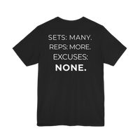 DailyThreadCo. black cotton fitness t-shirt featuring the motivational mantra Sets: Many. Reps: More. Excuses: None.