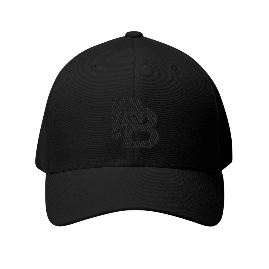 DailyThreadCo. black structured FlexFit baseball cap with subtle tonal embroidered Plate Bangers logo and curved visor.