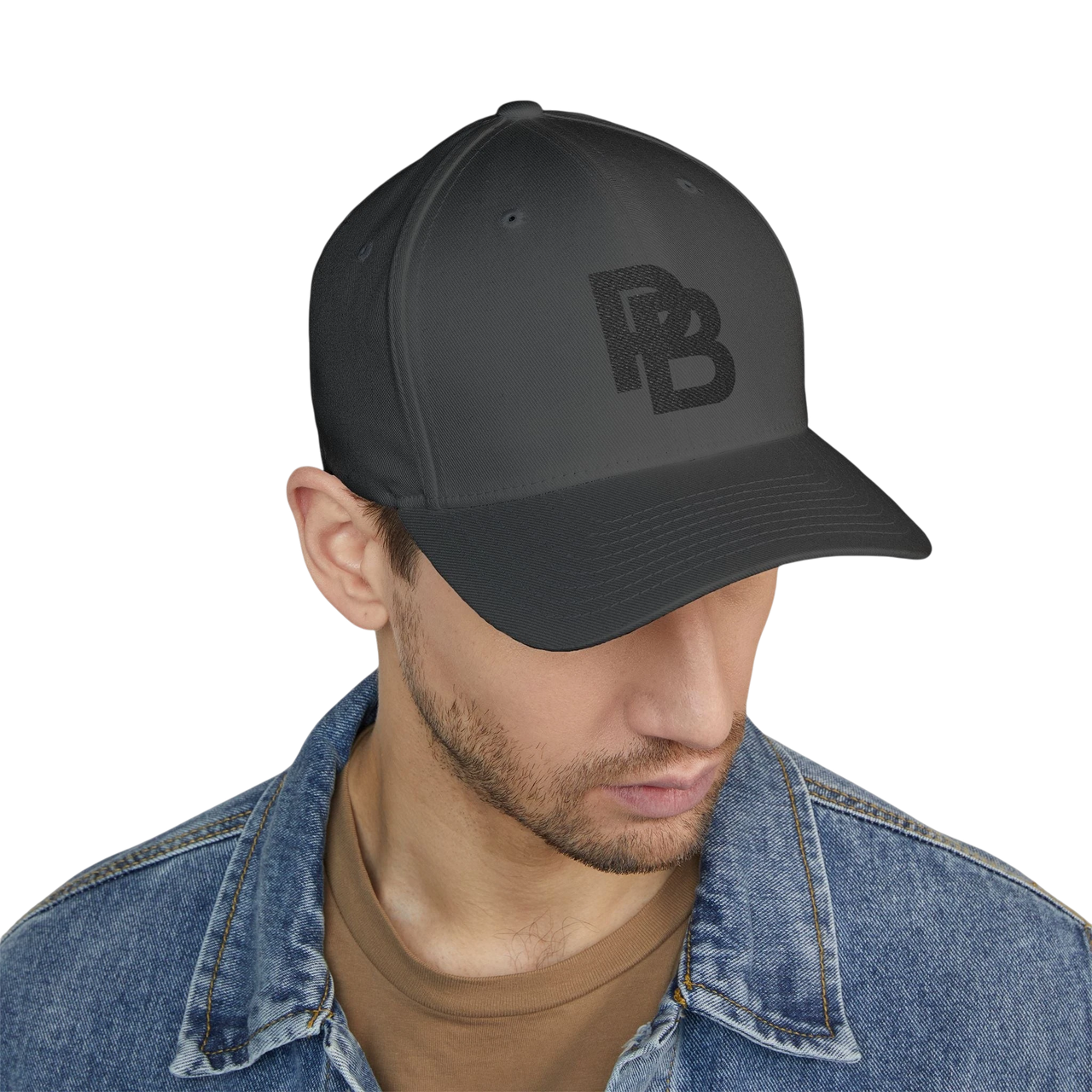 DailyThreadCo. structured black FlexFit baseball cap with embroidered Plate Bangers logo on a man in a denim jacket.