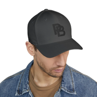 DailyThreadCo. structured black FlexFit baseball cap with embroidered Plate Bangers logo on a man in a denim jacket.