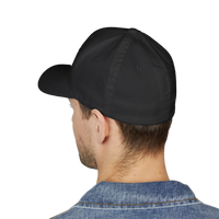 DailyThreadCo. black structured FlexFit cap worn from the back, showing the clean six-panel design and twill fabric.