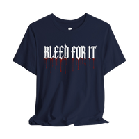 DailyThreadCo. black crew-neck cotton gym tee featuring white gothic BLEED FOR IT text with realistic red blood drips.