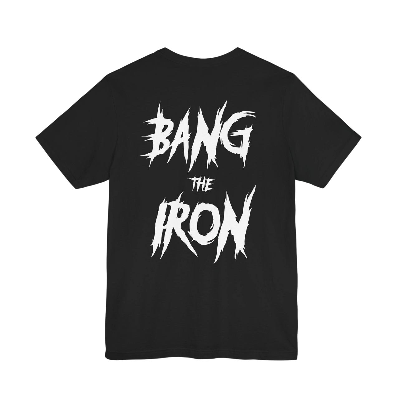 DailyThreadCo. black cotton gym t-shirt featuring a bold, distressed white BANG THE IRON graphic on the back.