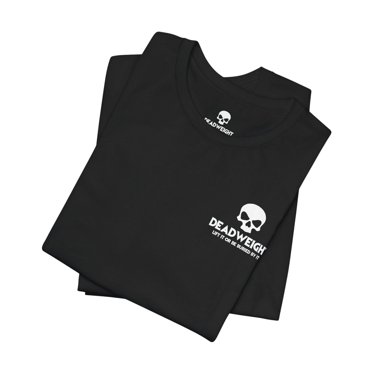 DailyThreadCo. black cotton gym t-shirt featuring a white skull chest logo and Your Content Is My Warmup back print.