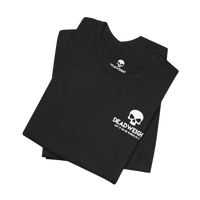 DailyThreadCo. black cotton gym t-shirt featuring a white skull chest logo and Your Content Is My Warmup back print.