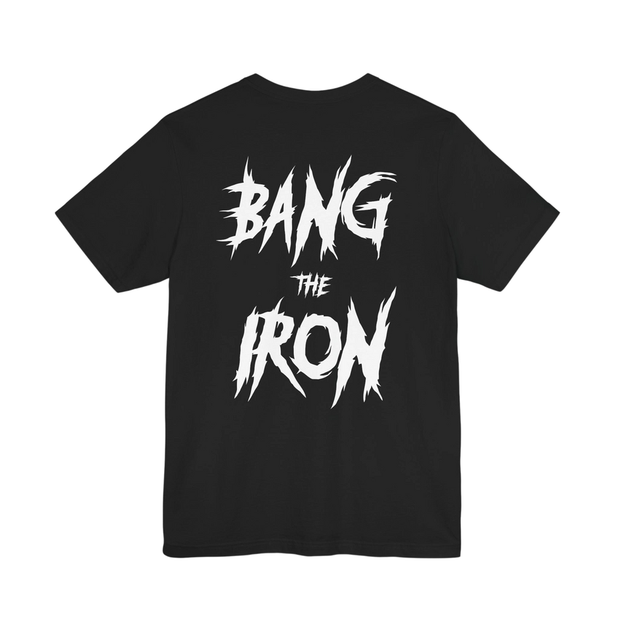 DailyThreadCo. black cotton gym t-shirt featuring a bold, distressed white BANG THE IRON graphic on the back.