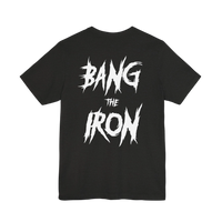 DailyThreadCo. black cotton gym t-shirt featuring a distressed white BANG THE IRON graphic on the back.