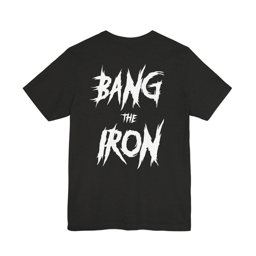 DailyThreadCo. black cotton gym t-shirt featuring a distressed white BANG THE IRON graphic on the back.