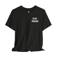 DailyThreadCo. black cotton crew neck t-shirt featuring white distressed Plate Bangers graphic on the chest.