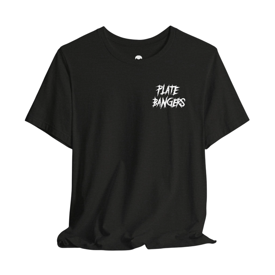 DailyThreadCo. black cotton crew neck t-shirt featuring white distressed Plate Bangers graphic on the chest.