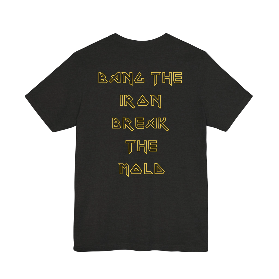 DailyThreadCo. black cotton gym t-shirt with gold geometric lettering on the back reading Bang the Iron Break the Mold