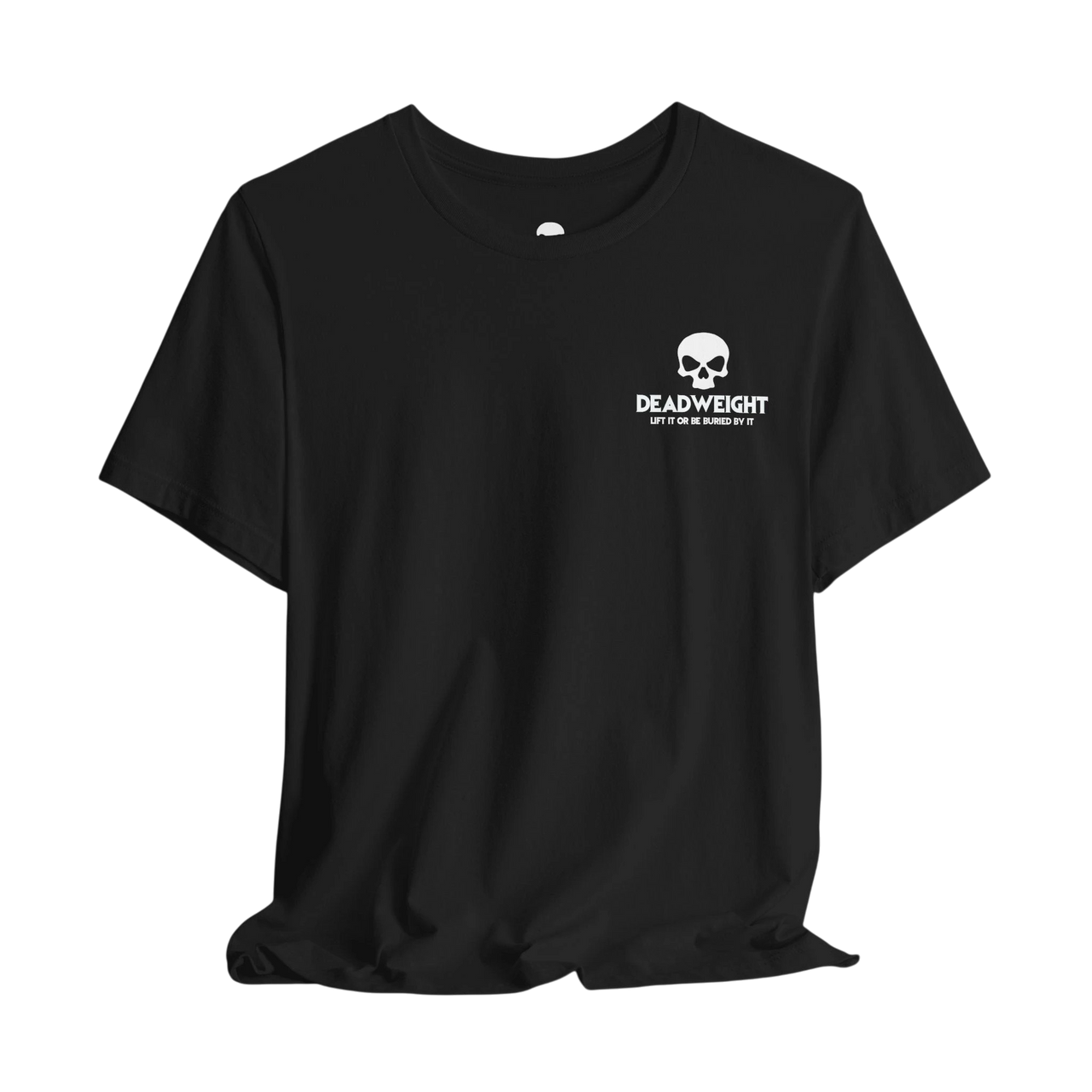DailyThreadCo. black cotton gym t-shirt featuring a white skull chest emblem and crew neckline.