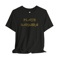 DailyThreadCo. black cotton gym t-shirt featuring gold geometric Plate Bangers text on the front.