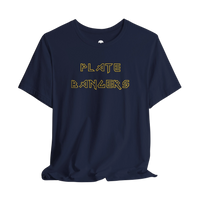 DailyThreadCo. black cotton gym t-shirt with gold geometric Plate Bangers text on the front.