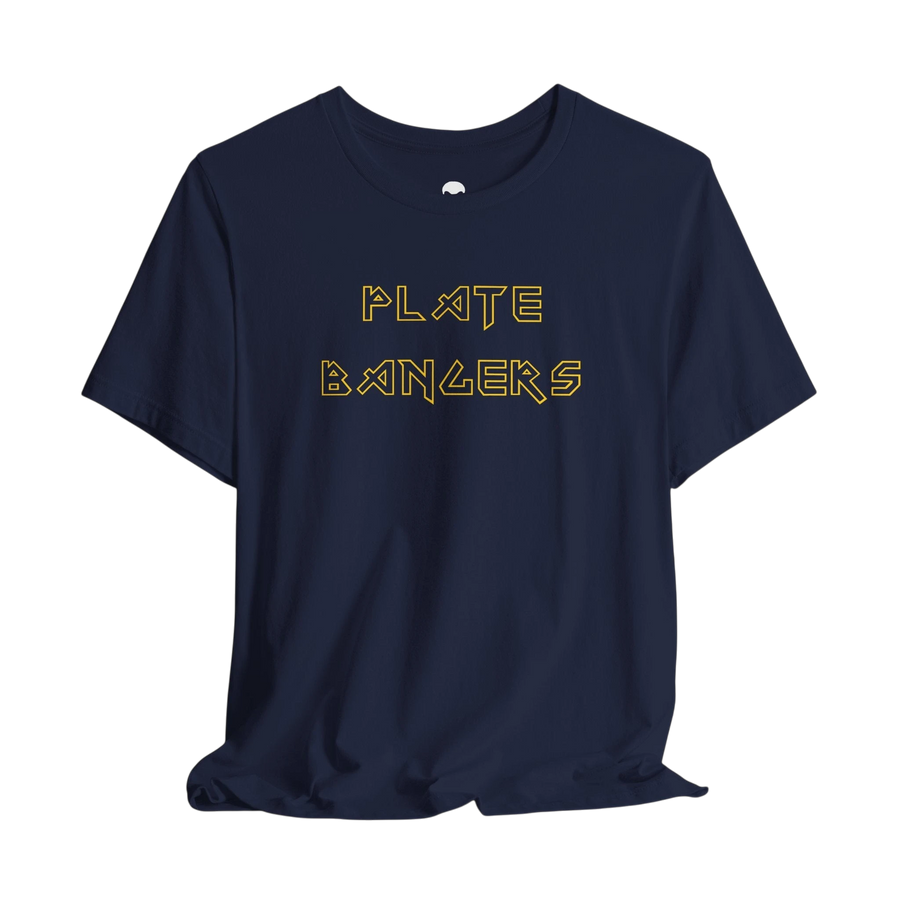 DailyThreadCo. black cotton gym t-shirt with gold geometric Plate Bangers text on the front.