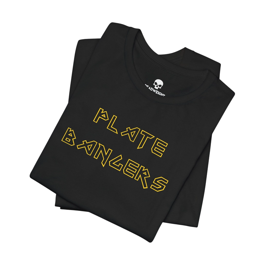 DailyThreadCo. black cotton gym t-shirt with gold geometric Plate Bangers text on the front.