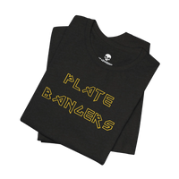 DailyThreadCo. black cotton gym t-shirt with gold geometric Plate Bangers text on the front.