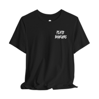 DailyThreadCo. black crew neck gym t-shirt featuring a white distressed Plate Bangers graphic on the chest.