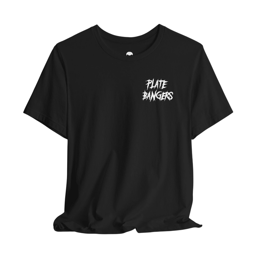 DailyThreadCo. black crew neck gym t-shirt featuring a white distressed Plate Bangers graphic on the chest.